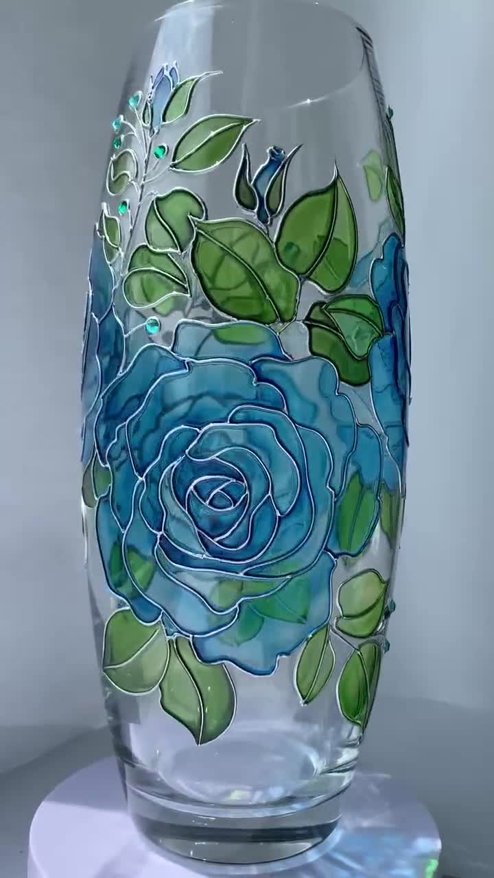 Handpainted Rose Vase: Personalized Glass Blue Flowers Vase