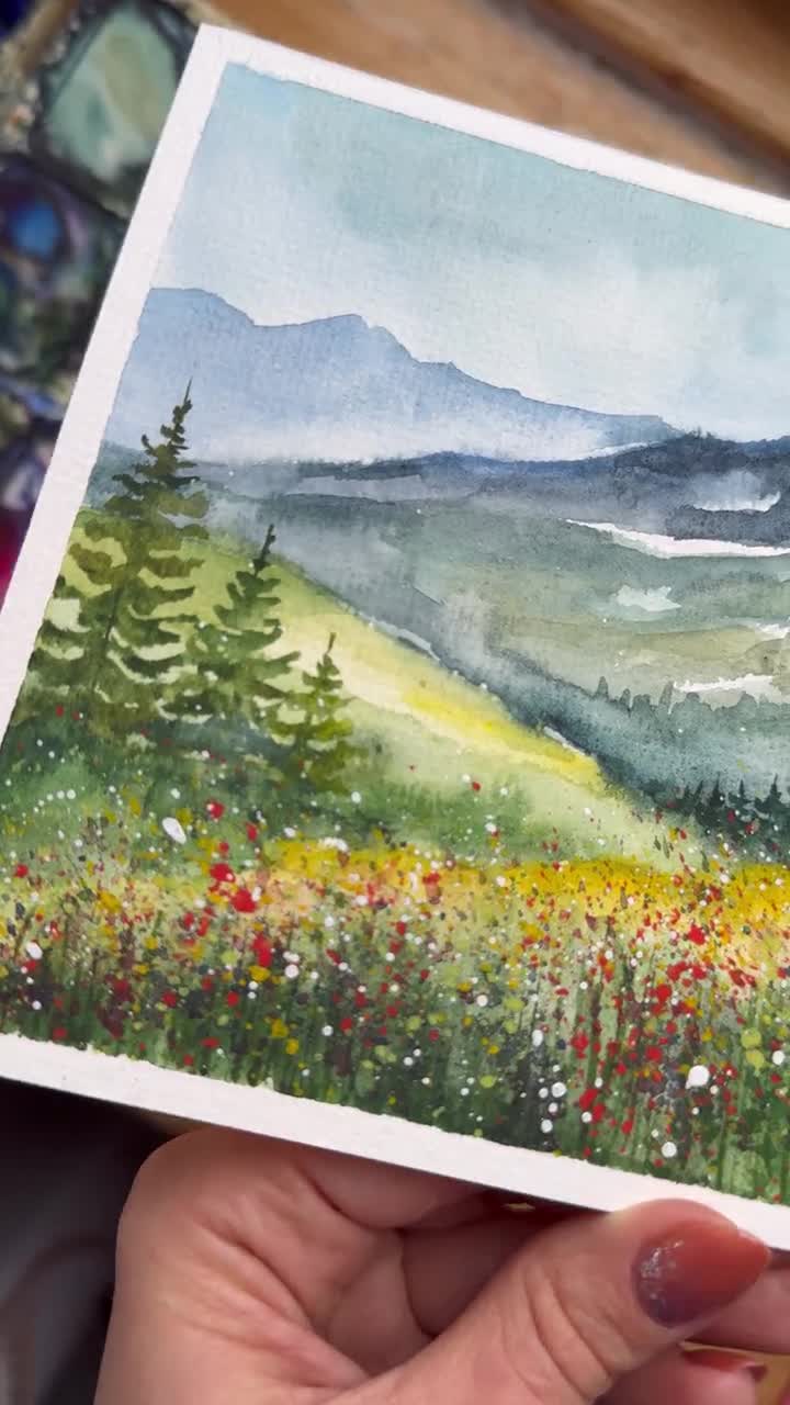 ロッキー山脈の水彩画：コロラドの野花の風景画（6x8） - Etsy 日本