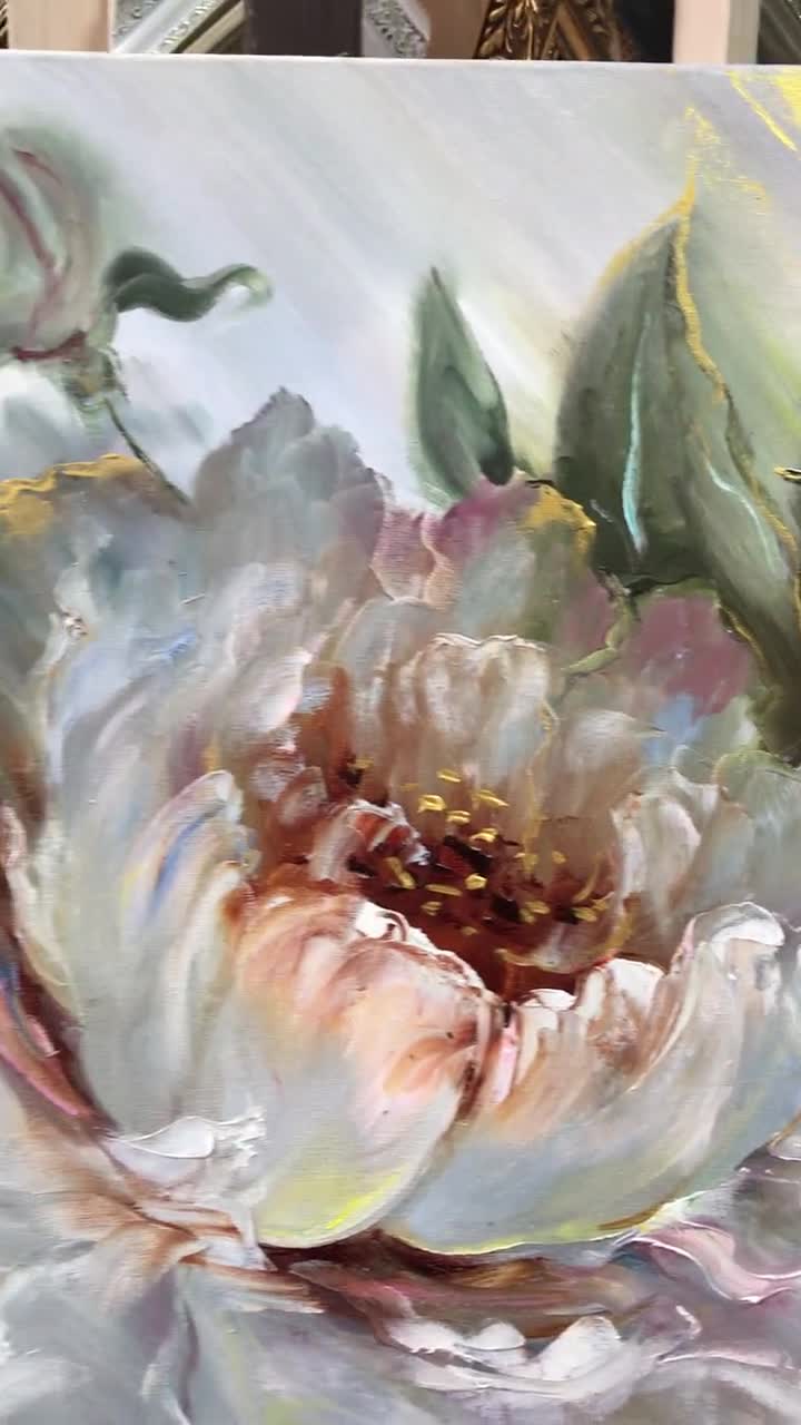 大きな抽象的な花の油絵、白緑の花の壁アート、ニュートラルカラーの花