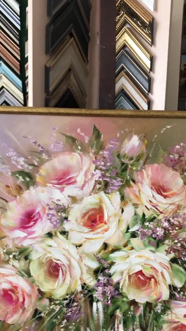 キャンバスに描かれたオリジナルのバラの花束の油絵、大きなクラシック