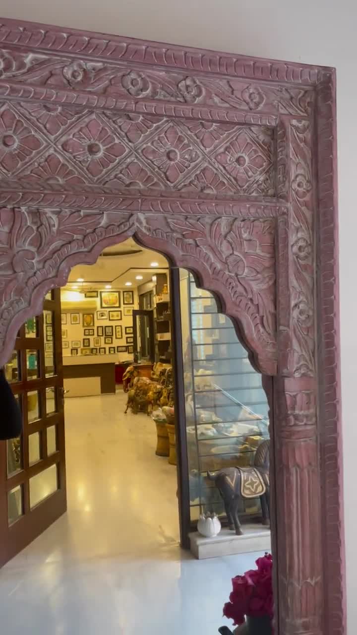 インドの手彫り木製壁掛けミラー、Jharokhaミラー、壁装飾