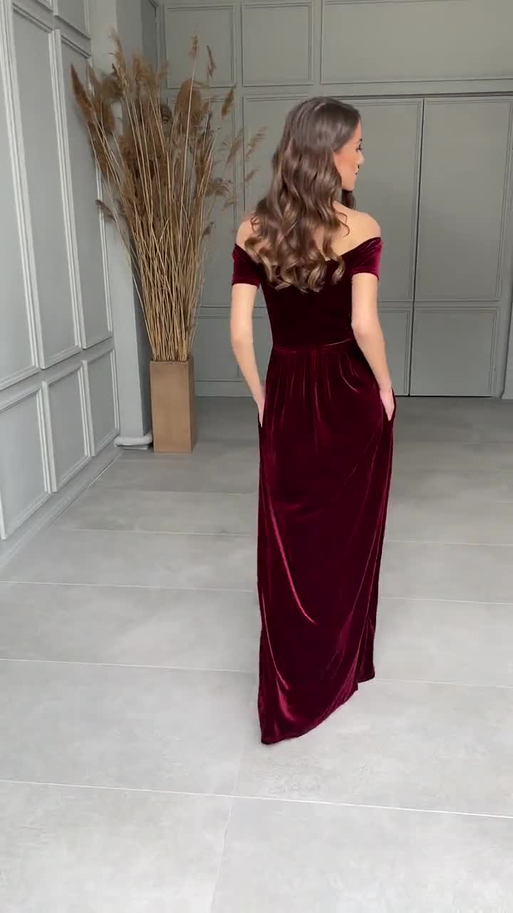burgundy velvet dress off shoulder Dark The Maxi Collection_Hourglass wine red dress Color:White/Gold Long Black Prom Dress