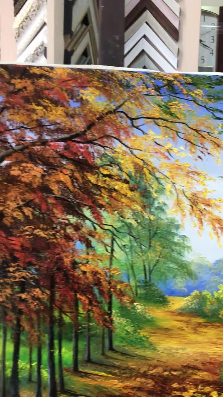 秋の森を描いた大きな油絵オリジナル作品、秋の風景、森の中の小道の
