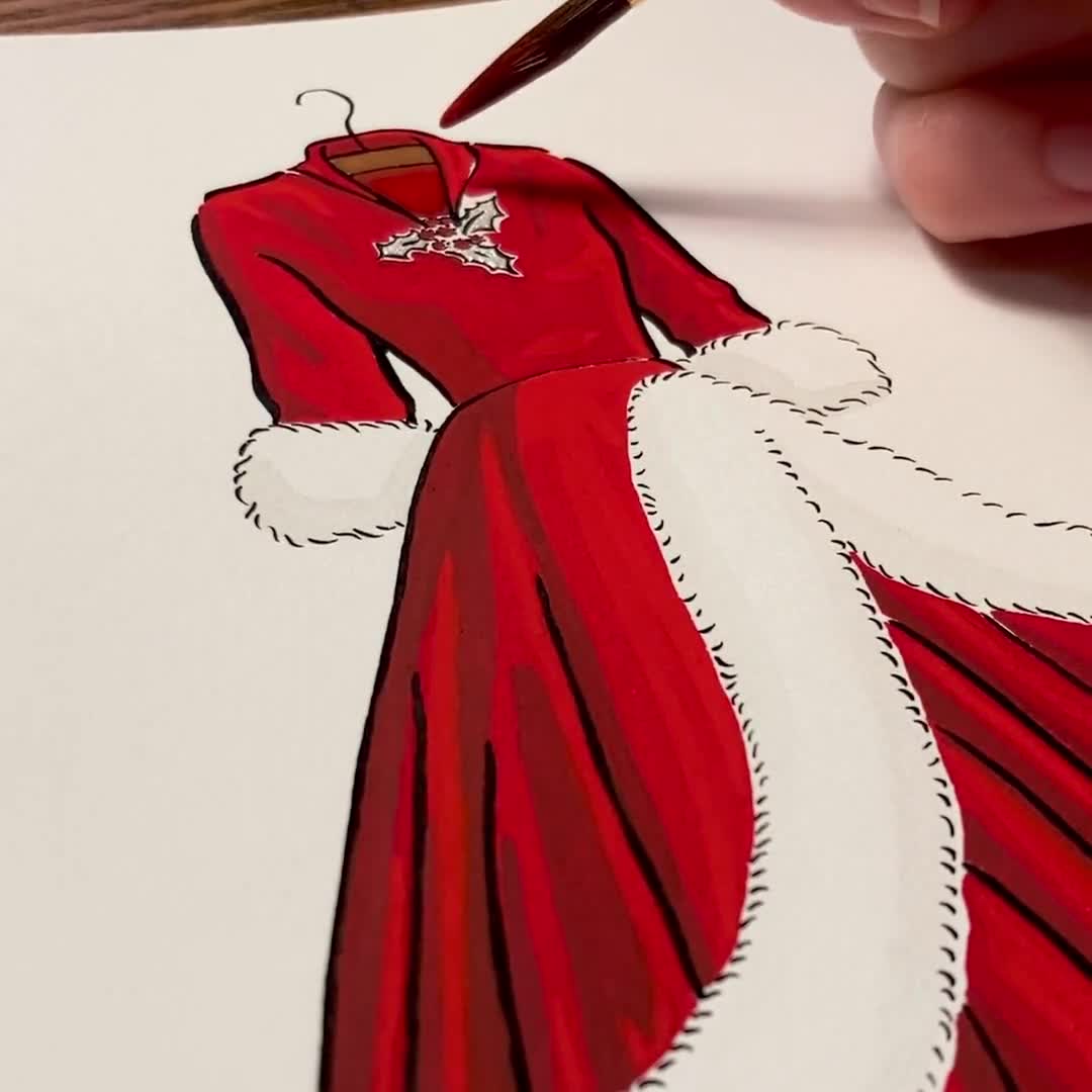 how to draw a christmas dress White Red Print | 5x7 White Christmas Dress | Old Hollywood Dress | White Christmas Movie Dress Illustration Color:Vista Blue/White Significant Other Long-Sleeve Cutout perforated