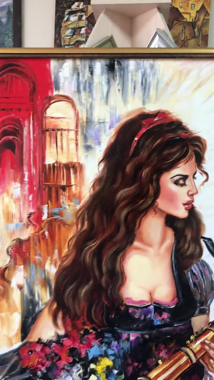 サックス奏者の女性の油絵オリジナル：大きな抽象ジャズ壁アート
