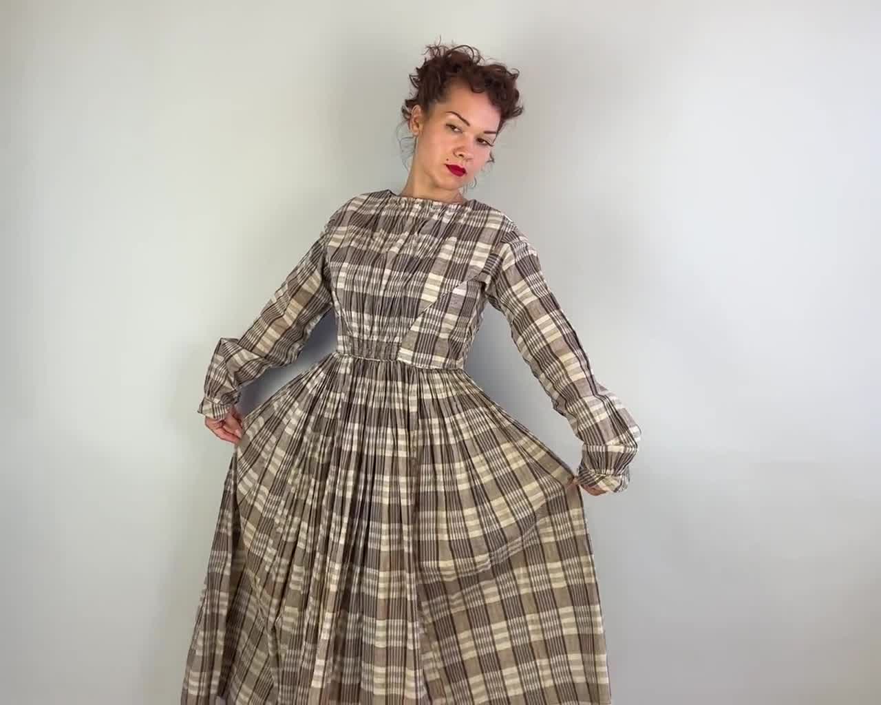 nightingales layered dress and jacket Mid 1800s Florence Nightingale | Antique Vintage Victorian Plaid Cotton Unfinished Gown with Smocking Heavy Gathers LACE UP BACK