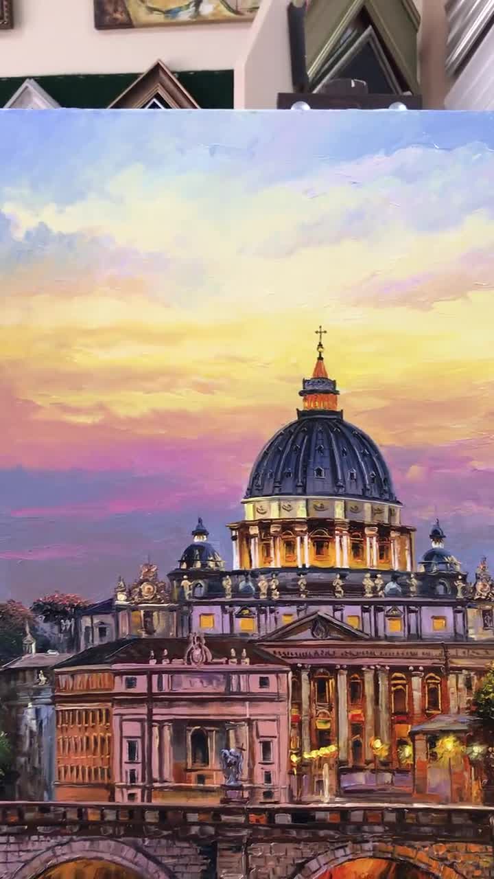 ローマ イタリア 油絵 ローマの夕べ オリジナル絵画 イタリアのアート