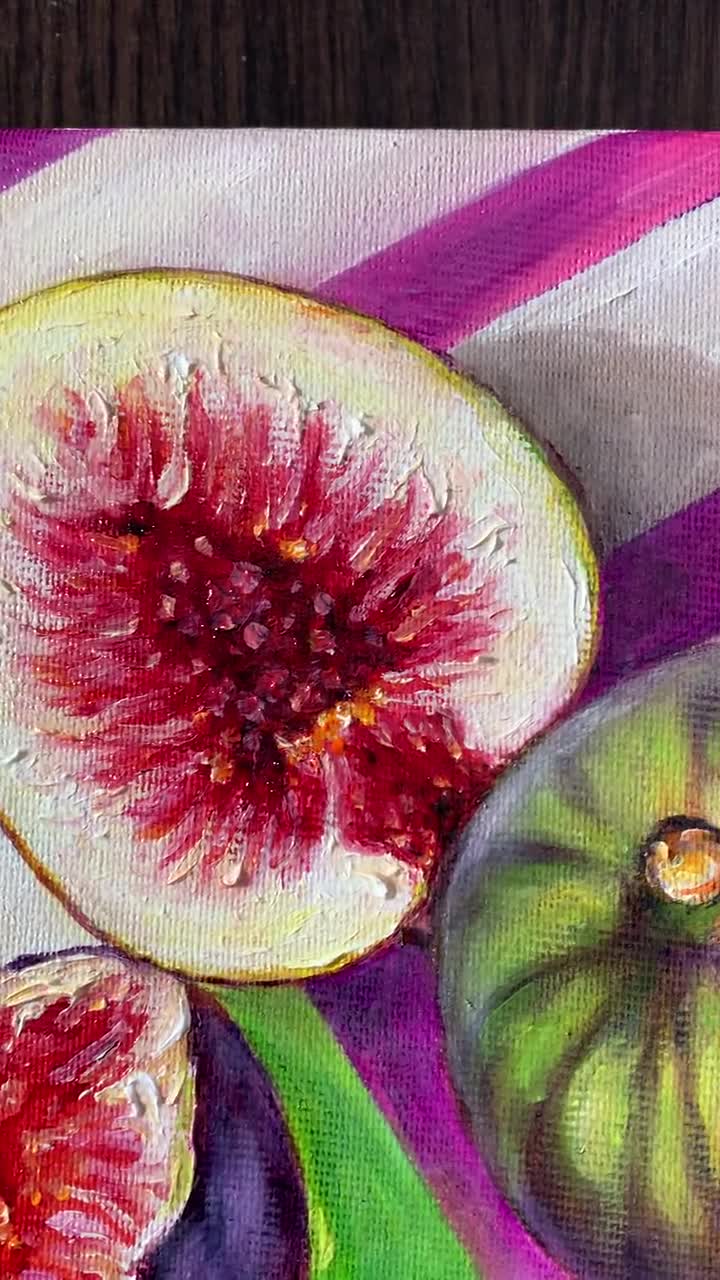 イチジクの油絵：オリジナルのフルーツ静物画、キッチンの壁アート