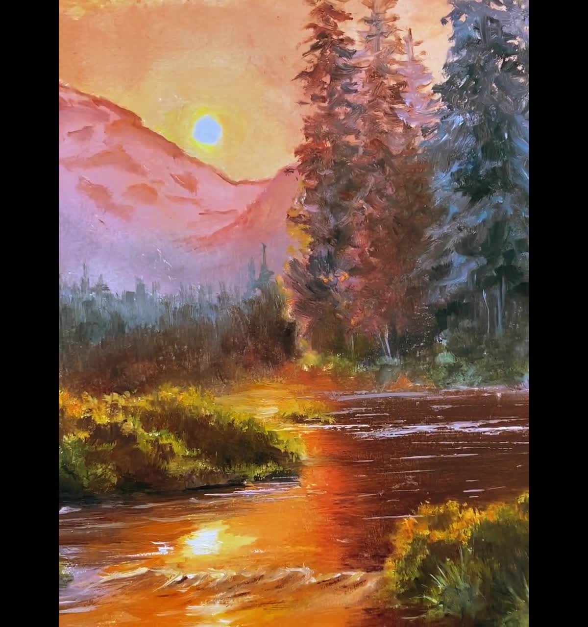 スプルースの森のオリジナル油絵、川と山のアート作品、晴れた夕日の