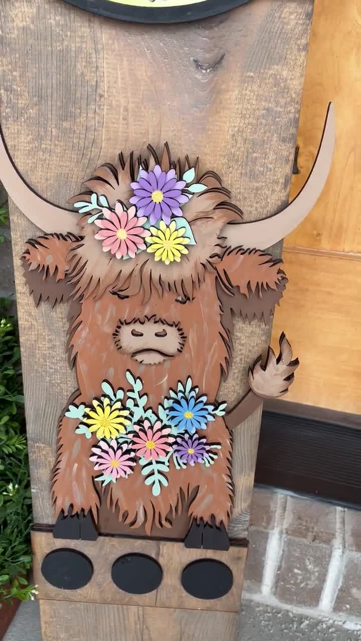 Spring Porch Leaner Sign Laser Cut File, Highland Cow