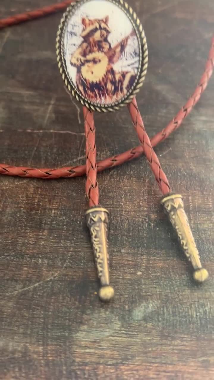 Banjo Raccoon Bolo Tie : Western Leather Necktie, Country Music