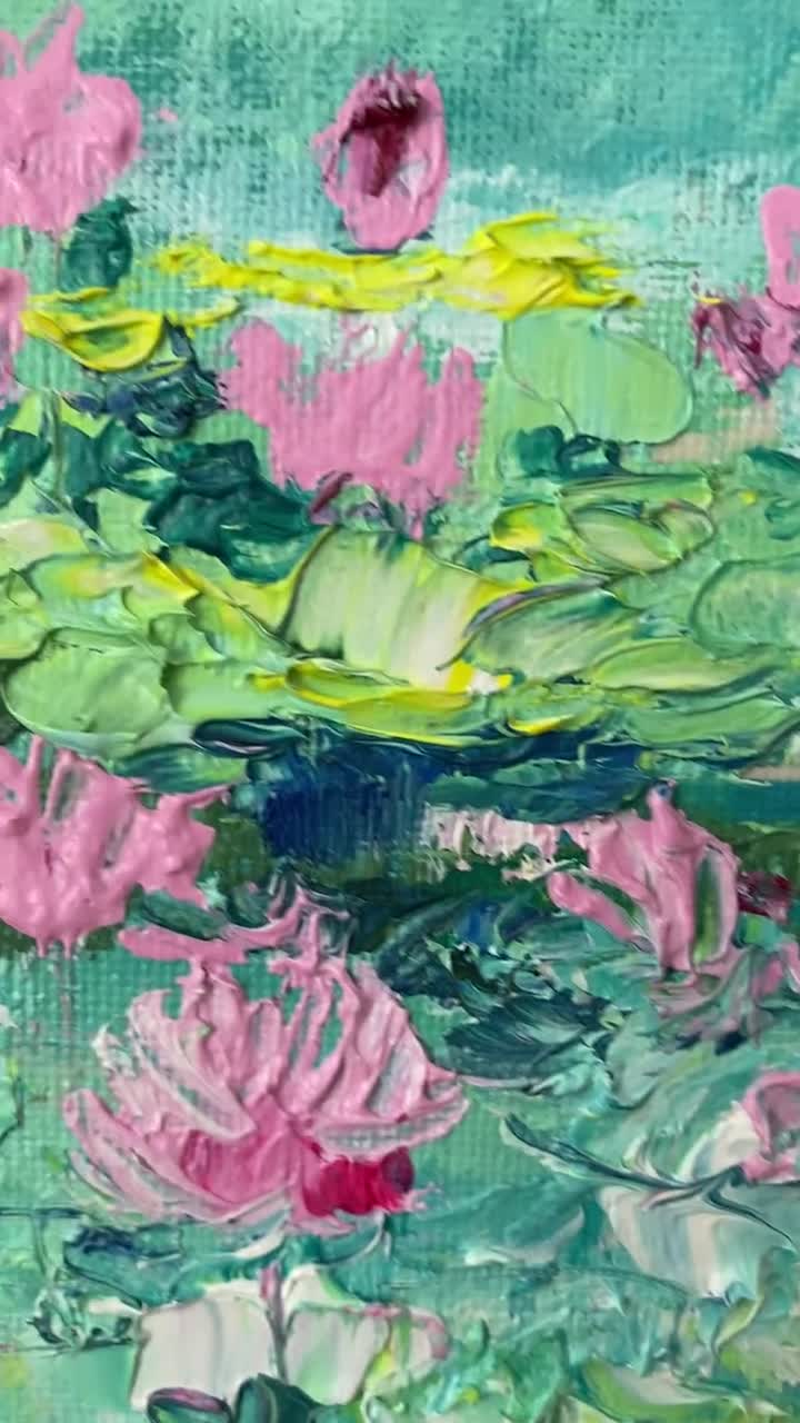 手描きの睡蓮の池のアートワーク、モネの絵画をベースにした10x8インチ