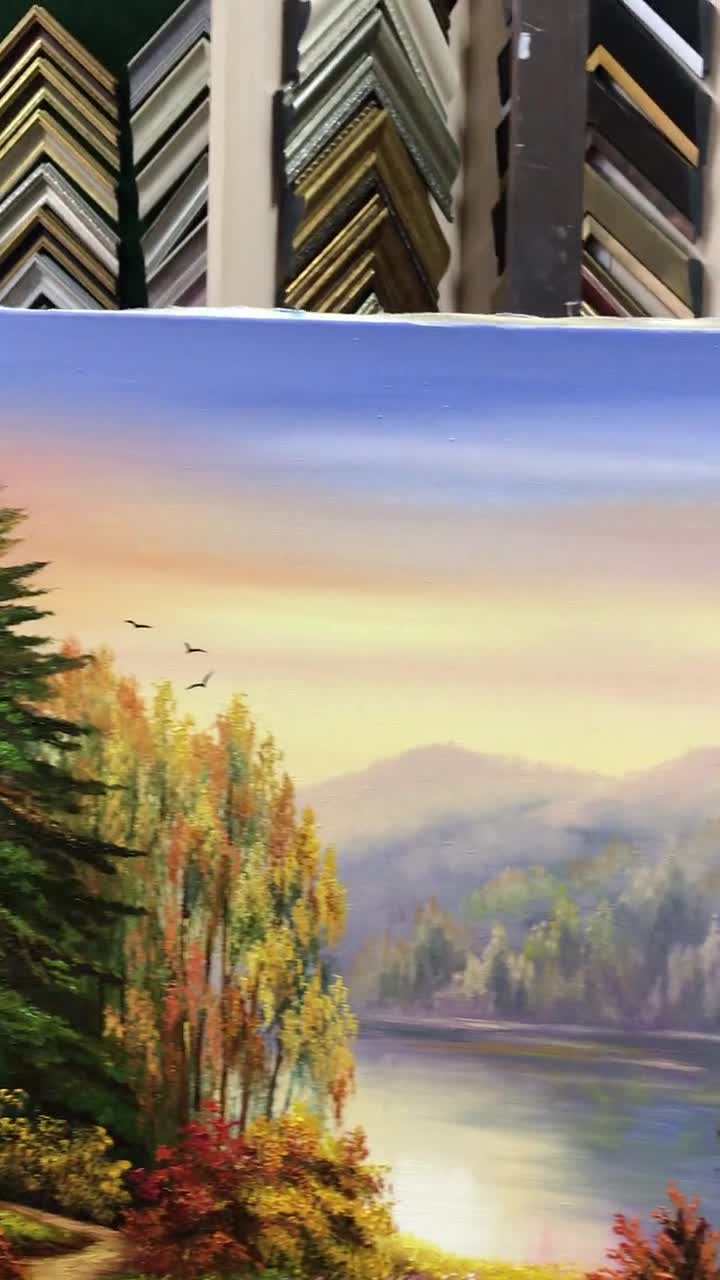 秋の森の風景油絵、木のある山の湖、キリスト教の自然壁画、森の中の