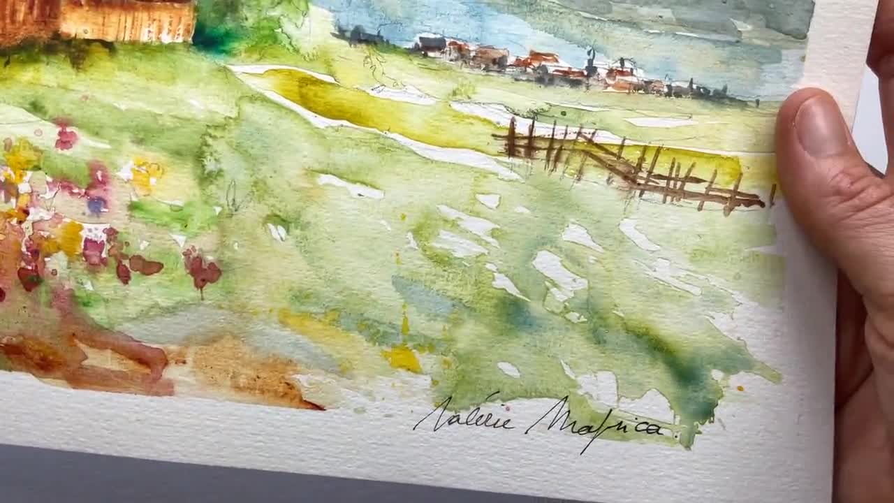 夏のオリジナルの水彩画による山の風景、モミの木の牧草地と岩山