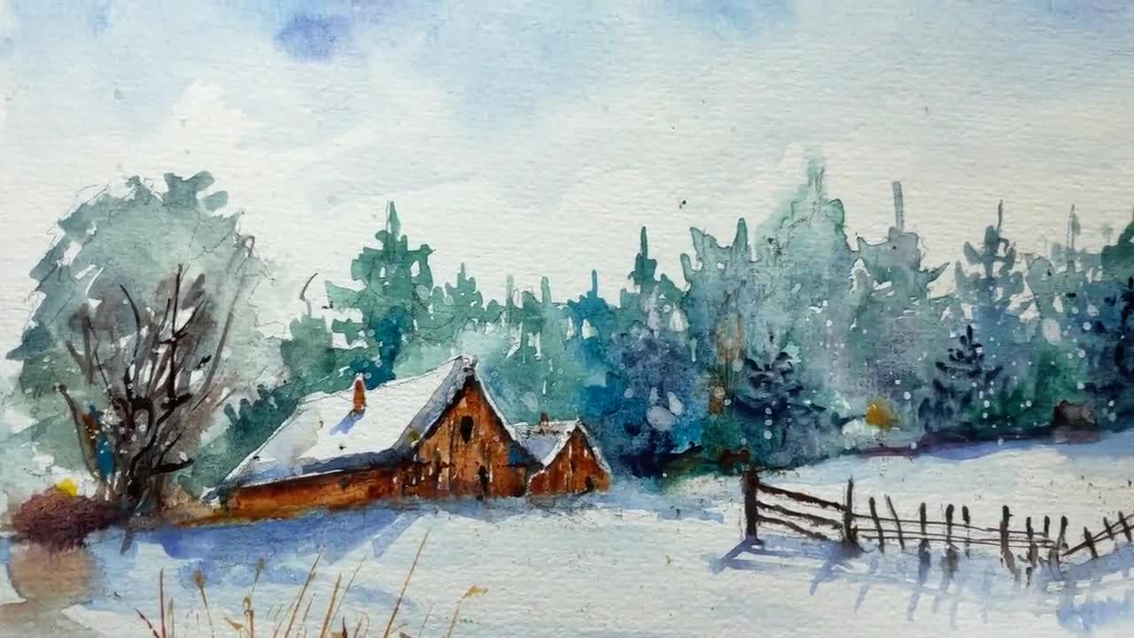 オリジナルの水彩画に描かれた雪の下の納屋、冬の田舎の風景、白い冬の