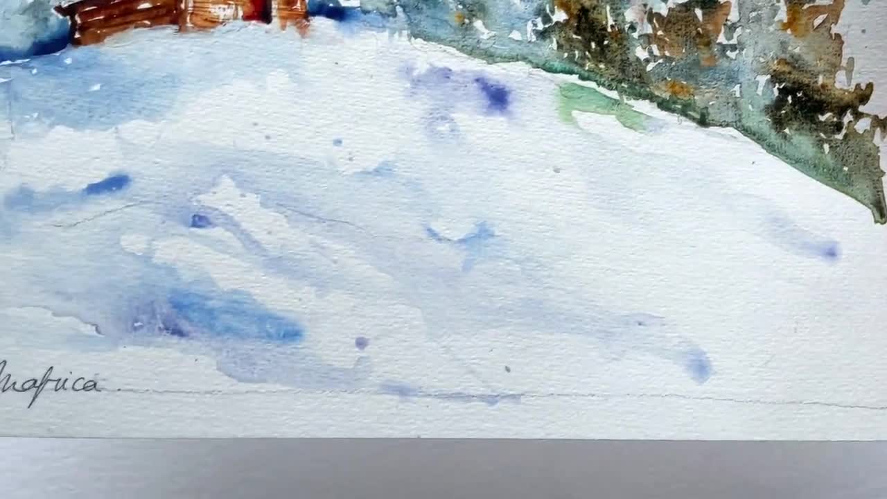 冬の山の風景、雪に覆われた丘のオリジナルの水彩画、雪景色、アルプス