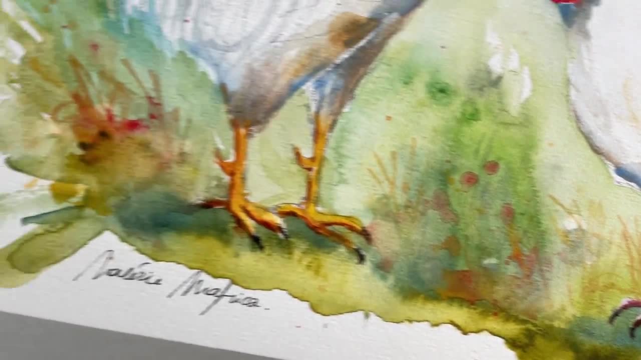 白い雌鶏と雄鶏の絵画、カップルのオリジナルの水彩画、農場の家禽の