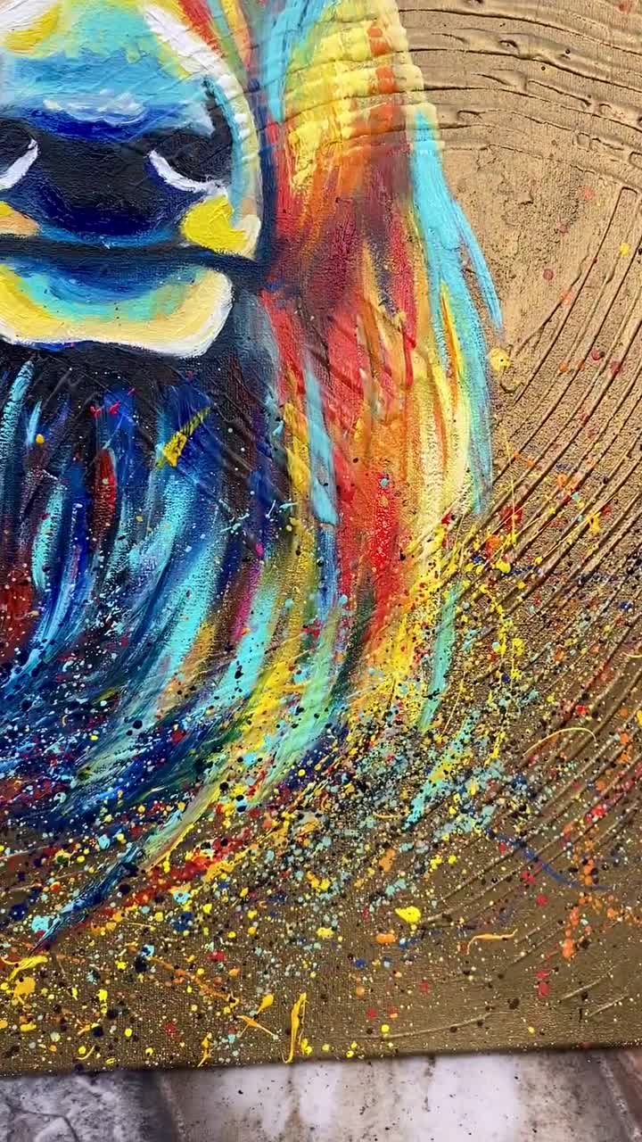 カラフルな鹿の頭の油絵：オリジナルのヘラジカのキャンバスアート作品