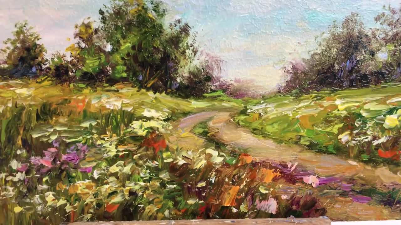 花畑、田舎道、木々、花のポピー畑の夏の風景を描いた小さなオリジナル