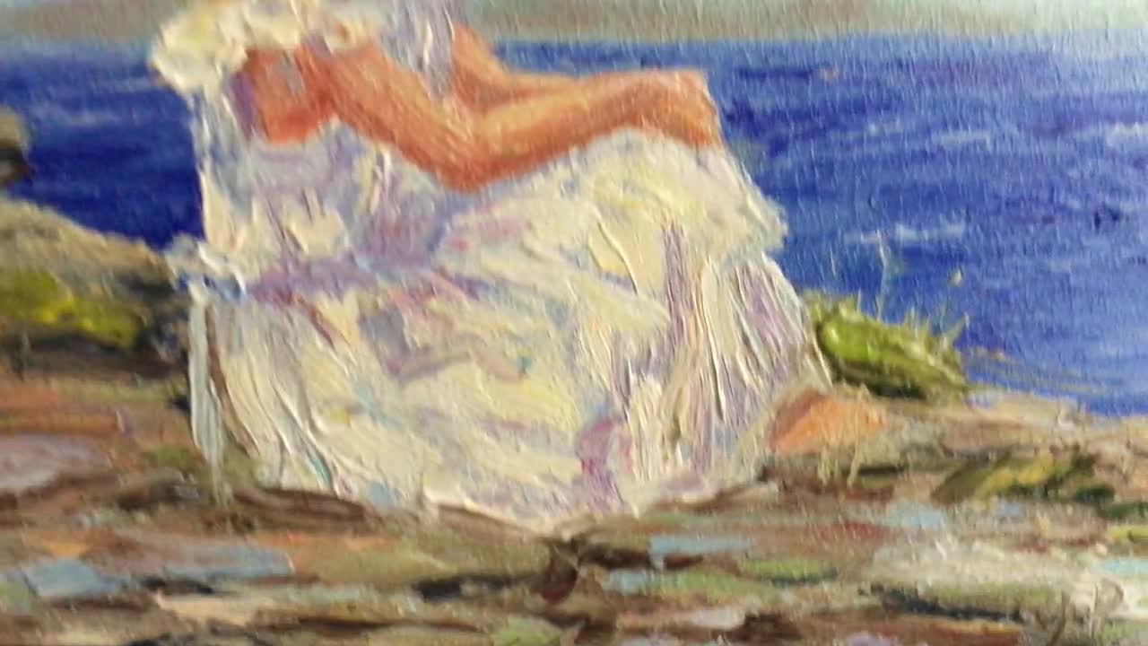 海辺の少女の油絵、海岸印象派アート、ミニ海景画、オリジナルビーチ