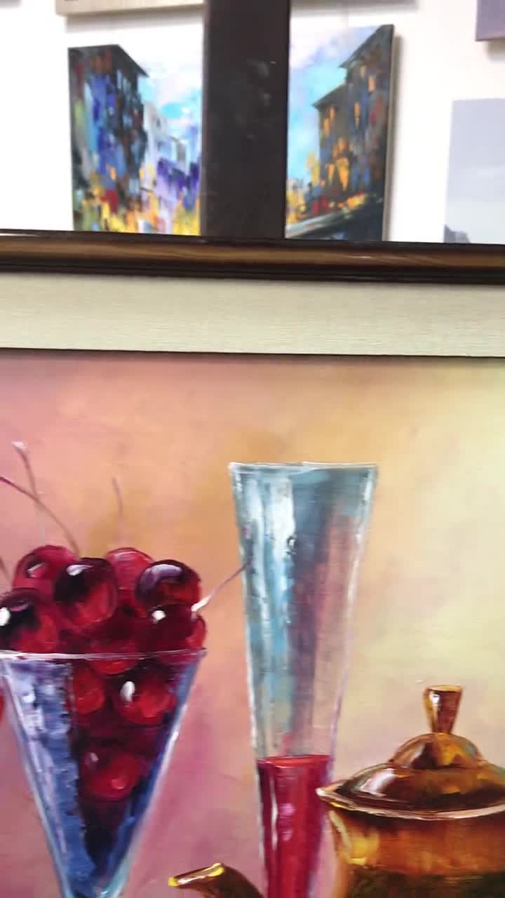静物画「朝食」油絵、額入りキッチンウォールアート、フルーツと紅茶の