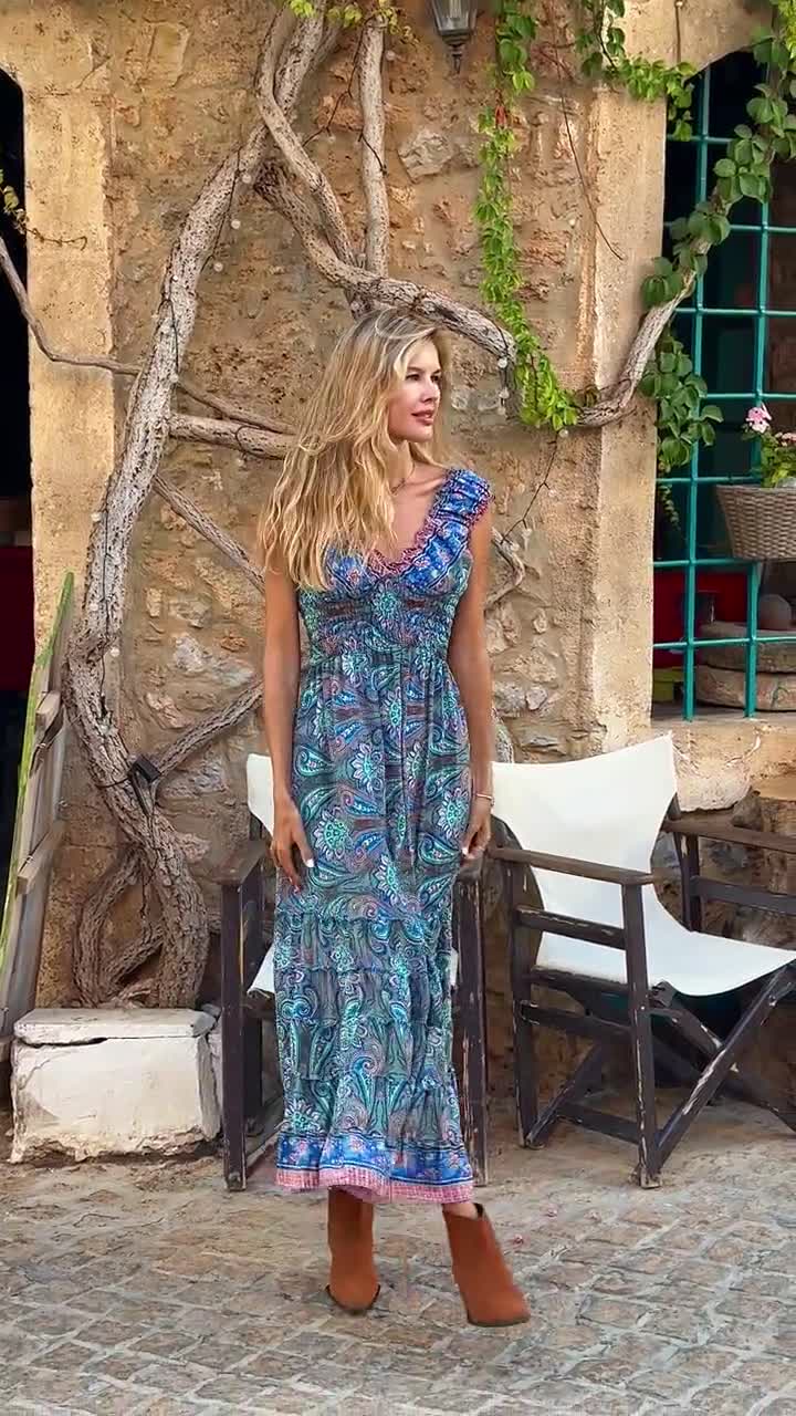 paisley printed boho ruffle maxi dress product info and reviews Long With Ruffles || Blue Print Flowy Dress || Summer Dress Size:M (US 4) a line mother of Stretch Summer Women Clothing Bosswear
