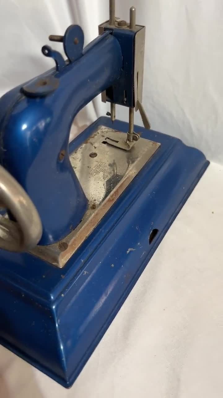 Vintage German Toy Sewing Machine, Casige, Blue Metal, Moving