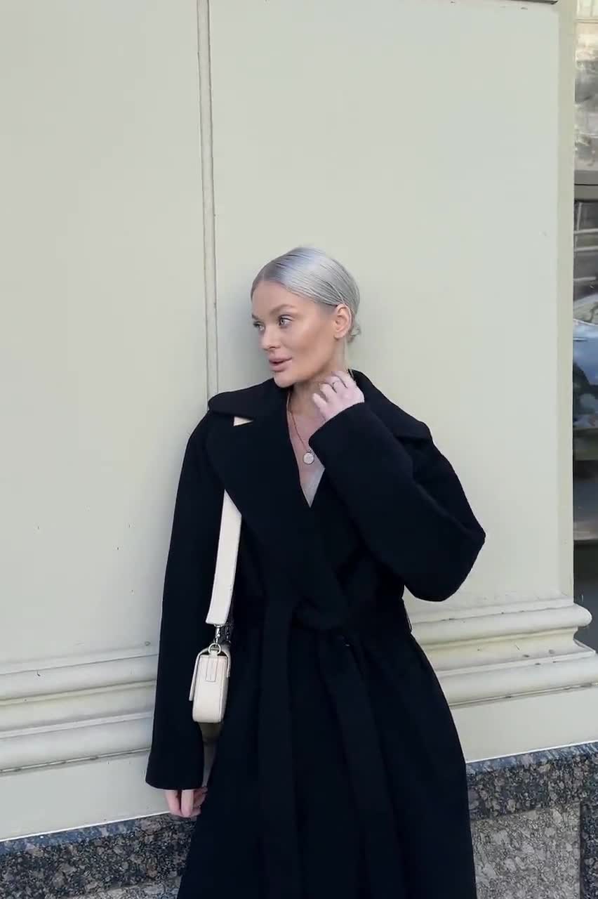 Soft Black Wool Blend Coat With Cashmere, Luxury Wrap Wool Coat