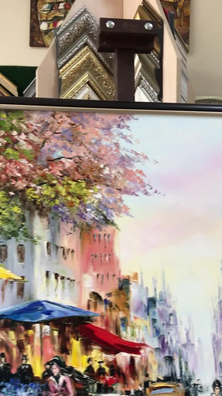抽象的な都市景観の油絵 オリジナル フランスのカフェ風景 パリの絵画