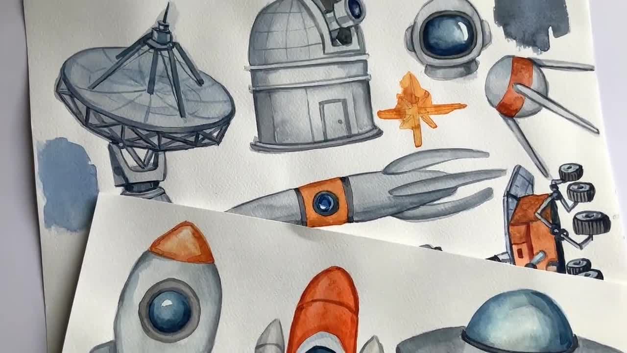 水彩画風の宇宙クリップアートPNG、保育園の装飾に最適な手描きの