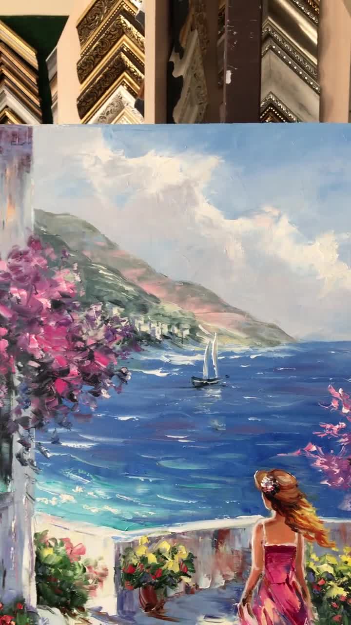 ミコノスの絵画 オリジナル 海を眺める女性の絵画 ギリシャの島の芸術