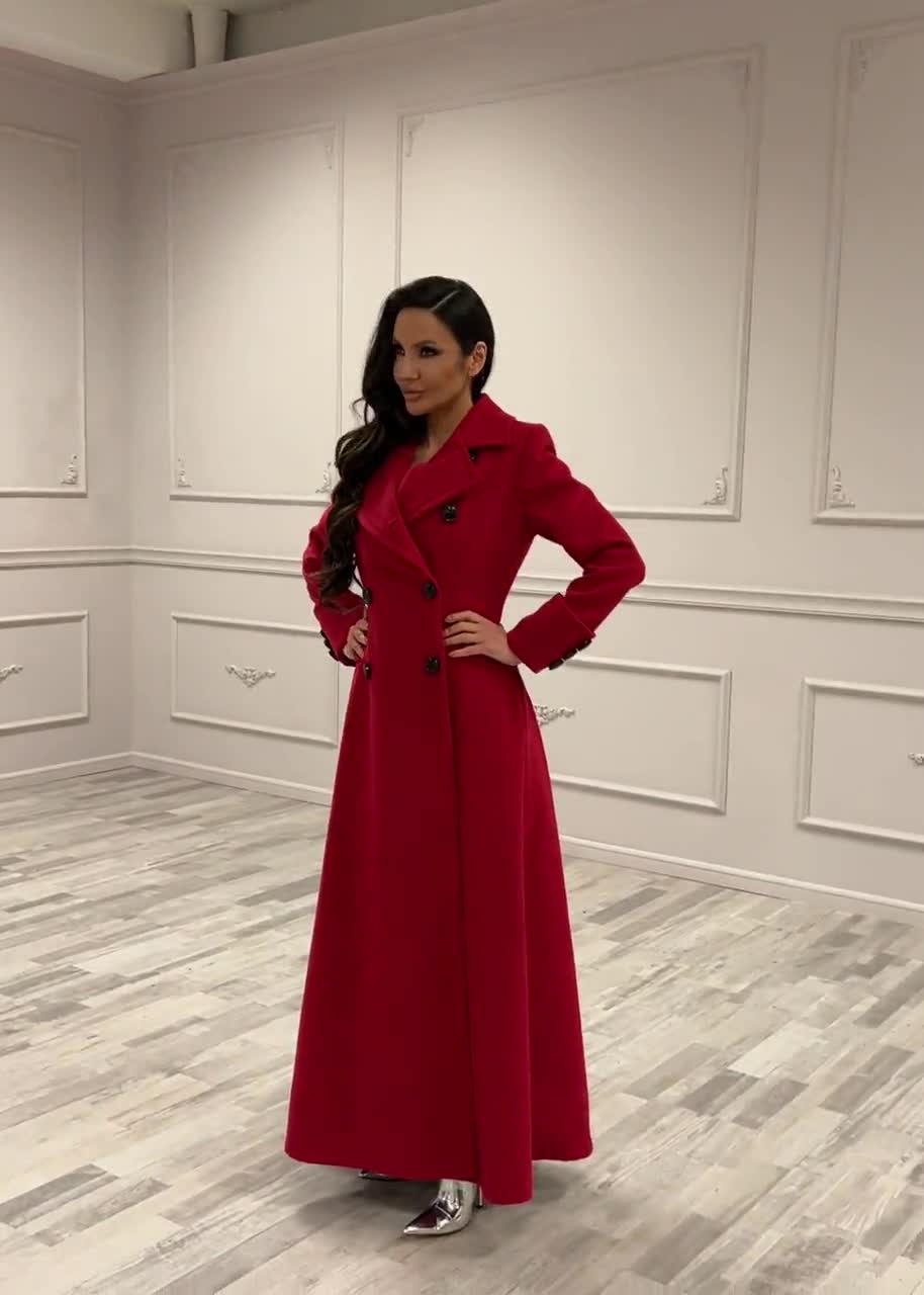 a line dress coat Full Length Red Coat, Double Breasted Wool Coat, Long Red A-Line Overcoat, Extravagant Luxury not appropriate for heavy Boho-inspired We couldn’t resist this Color:Eucalyptus