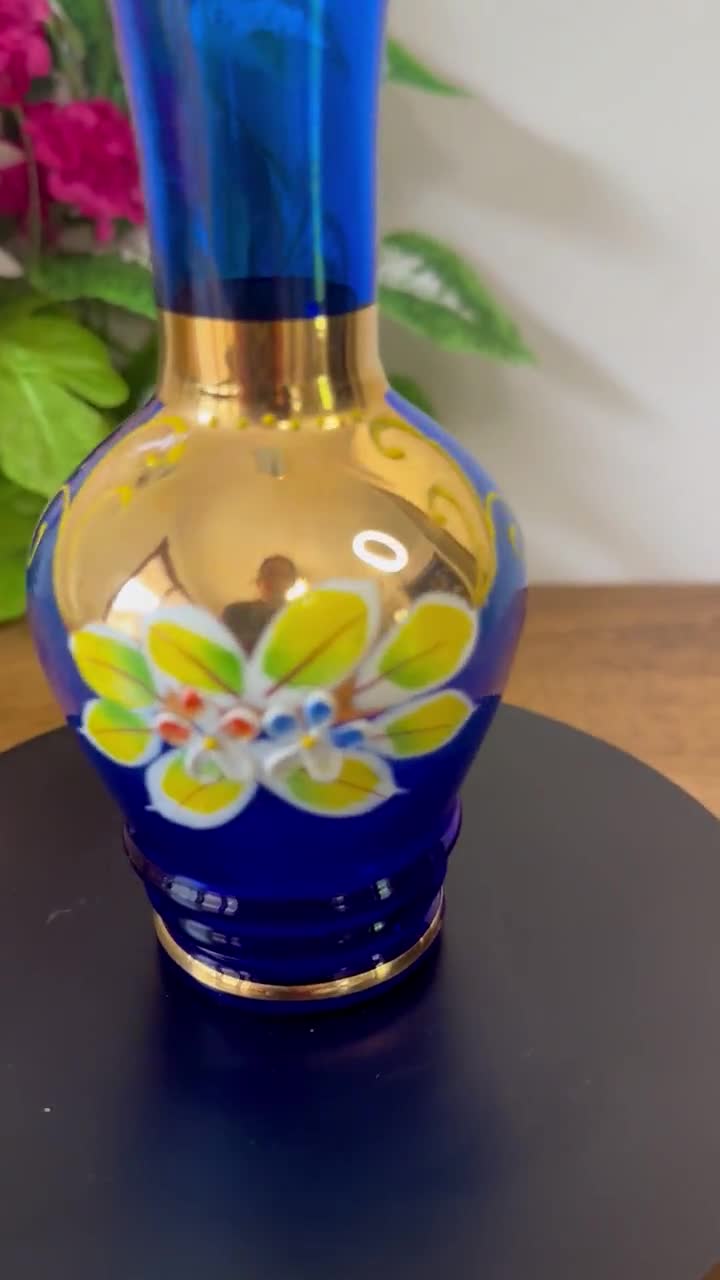 ボヘミアガラス ボヘミアングラス 金彩コバルトブルー フラワーベース 花瓶 花器 ボヘミアン チェコ コバルトブルー 花瓶 ゴールド エナメル 花柄