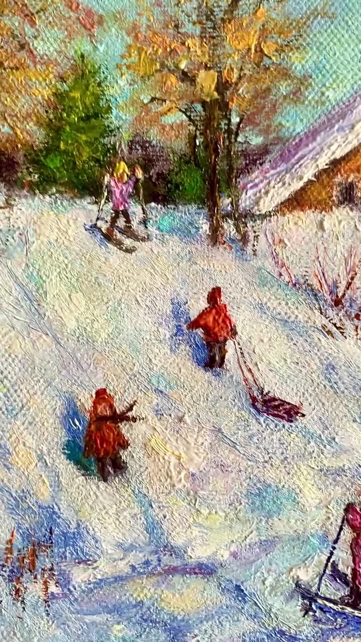 油絵　[の冬] F12支援のため、この絵を販売する。 冬の風景油絵 雪遊びをする子供たち 小さな印象派の風景画 キャンバス