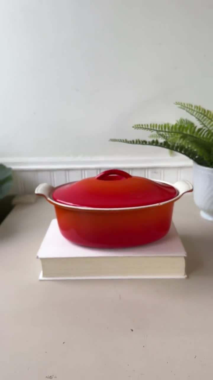 Descoware Flame Orange Cast Iron Dutch Oven, Vintage 1960s Belgian