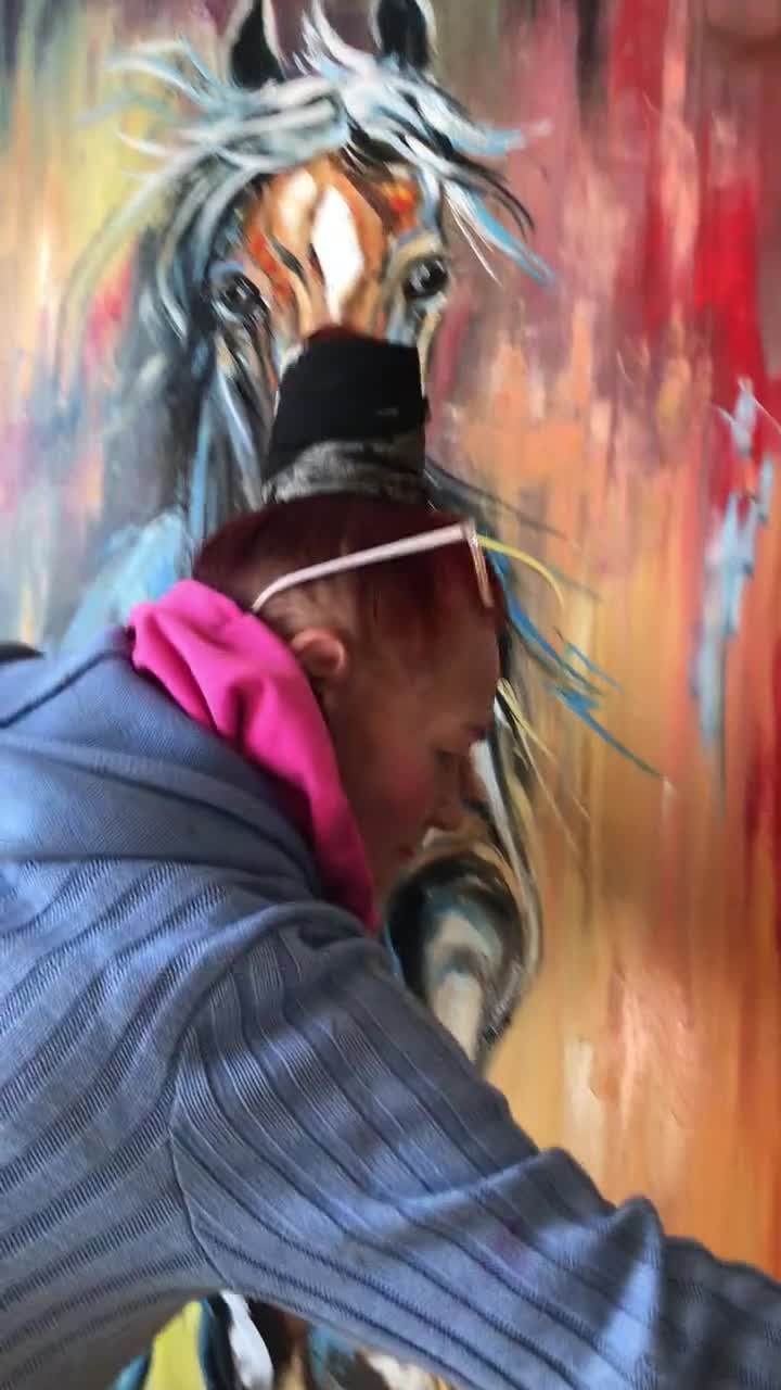 抽象的な馬の油絵オリジナル：大きな茶色の物憂げな馬の壁掛けアート