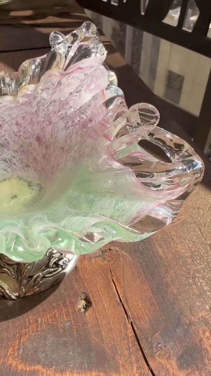 Vintage Murano Glass Bowl Dish With Metal Decorative Leg . Made in