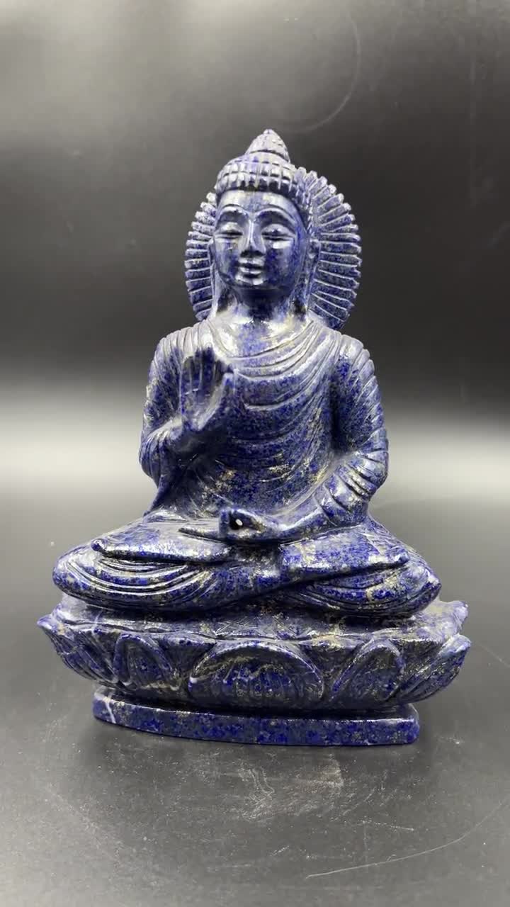 ラピスラズリ仏像 | 青い宝石彫刻 | 瞑想用装飾 | 5.5x8x2インチ