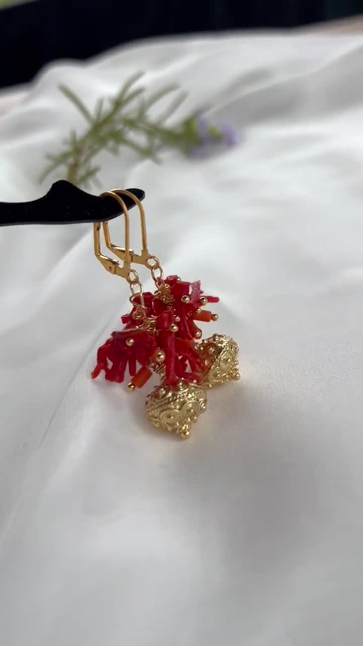 Natural Red Coral Earrings, Traditional Croatian Hanging Ball