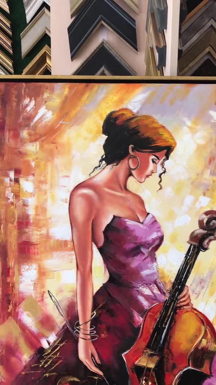 チェロを演奏する女性の油絵（キャンバス）：抽象的なチェリストの