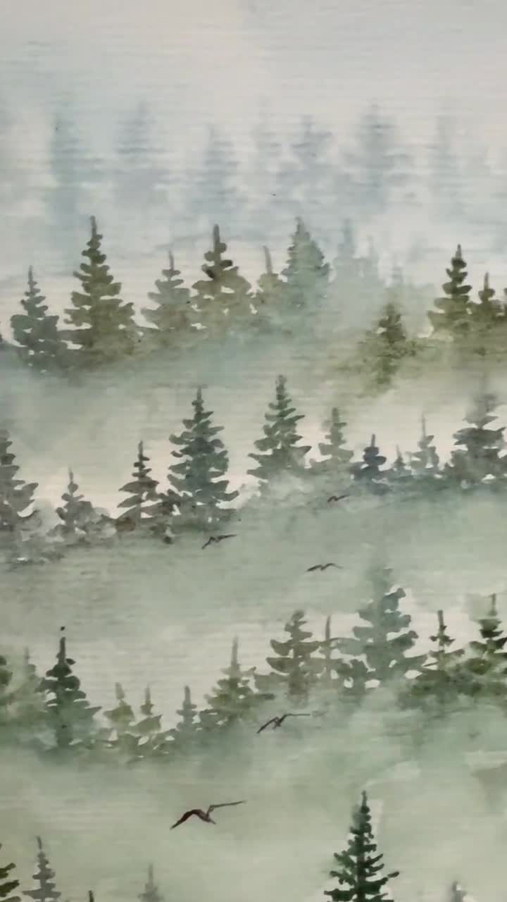 オリジナル松林水彩画：針葉樹林の風景画（8x6） - Etsy 日本