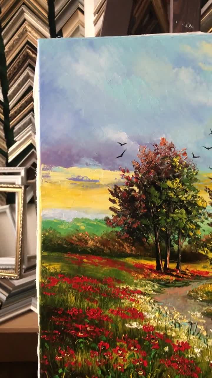 イギリスの田園風景画、野の花の絵、夏の草原の風景画、額装された風景