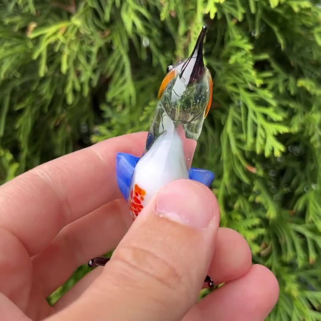 青いガラスの鳥の置物 - 手吹きガラスの鳥の彫刻 - ミニチュアランプ