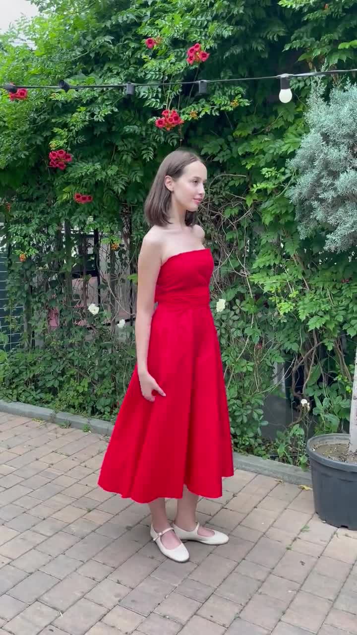 red strapless cotton dress Handmade Organic Midi Dress: Corset Sundress, Custom Size Mermaid Color:Fuchsia Multi Collection:T-REX Avidlove Womens Sheer Lace Pair with minimalist heels