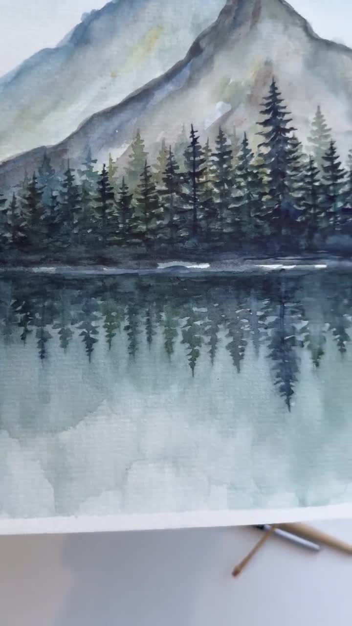 オリジナル水彩画：森の湖の絵画：ティールマウンテンの風景画（6x8