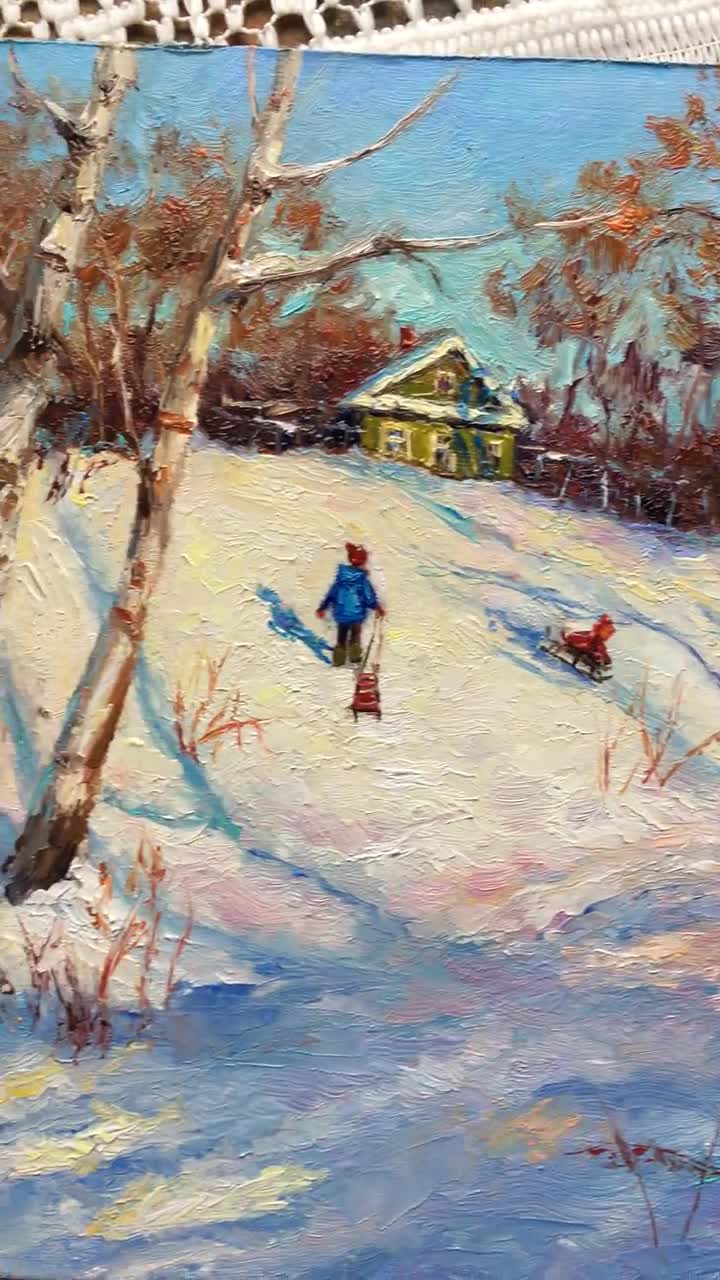 オリジナルの油絵。そりに乗った子供たちと冬の風景。ロシア印象派。村