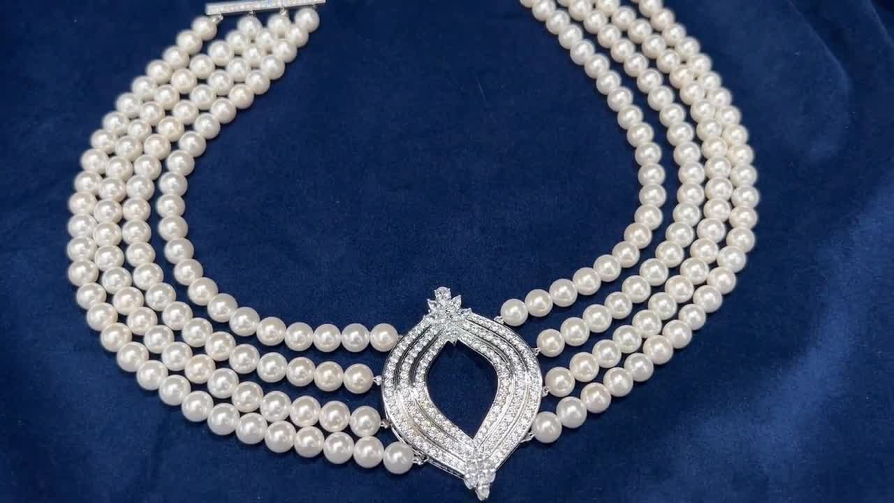 Queen Elizabeths 4 Row Japanese Pearl & Diamond Choker