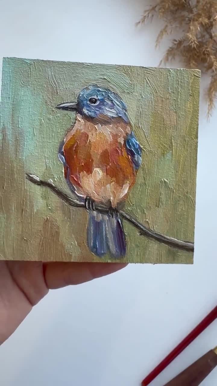 青い鳥の油絵：小さなインパスト鳥アート（4x4インチ） - Etsy 日本