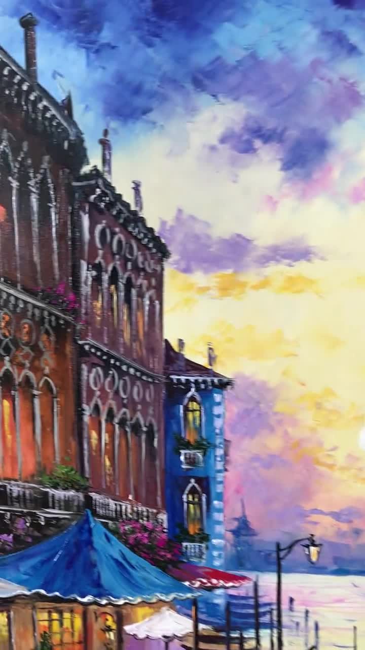 【真作】絵画　油彩　ヴェネツィアの運河風景　ゴンドラのある街並み　Y159 ヴェネツィア大運河の油絵 イタリア：ヴェネツィアのゴンドラの夕日の