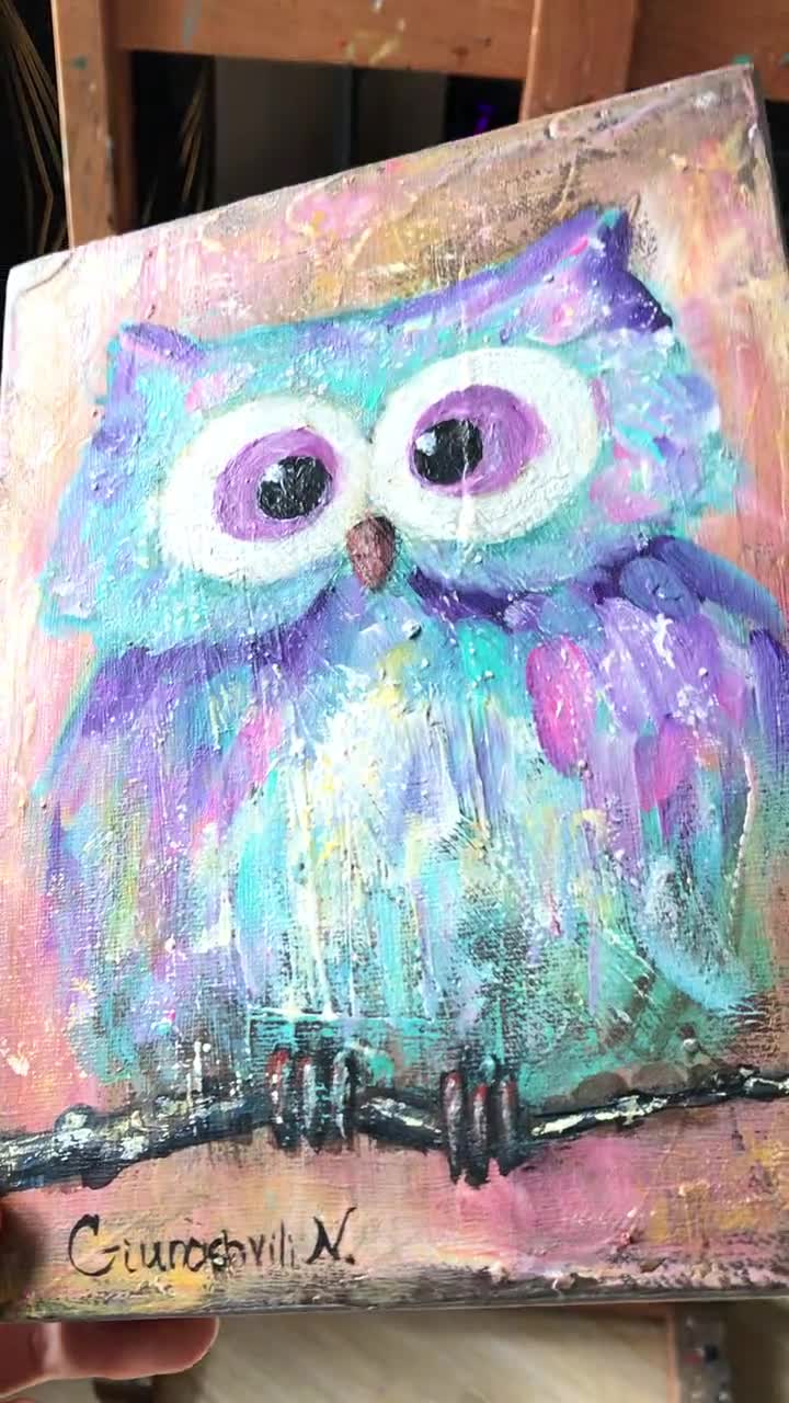 フクロウアート フクロウの絵画 オリジナルアクリル画 ストレッチ